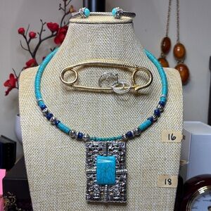 Turquoise Necklace (Faux) with Silver Filigree Pendant, earrings and bracelet